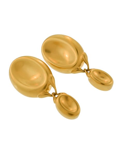 Gucci Vintage Brushed Gold Thumbprint Concave Oversized Dangle Statement Earrings