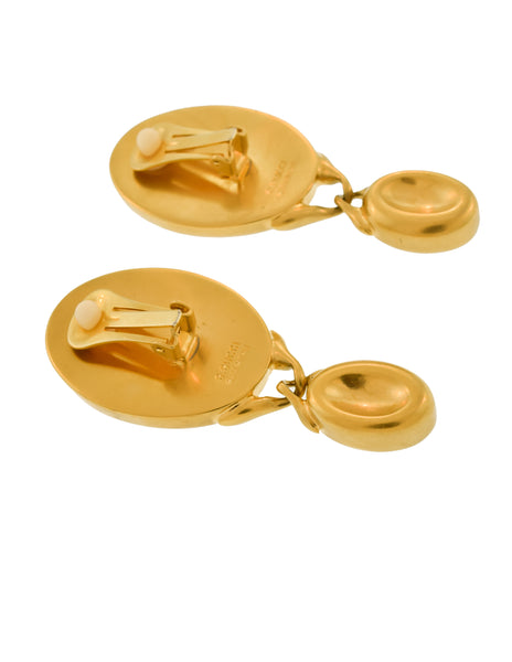 Gucci Vintage Brushed Gold Thumbprint Concave Oversized Dangle Statement Earrings
