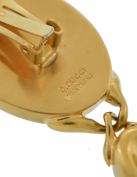 Gucci Vintage Brushed Gold Thumbprint Concave Oversized Dangle Statement Earrings