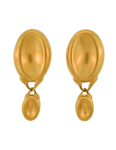 Gucci Vintage Brushed Gold Thumbprint Concave Oversized Dangle Statement Earrings
