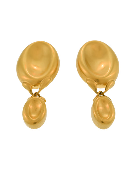 Gucci Vintage Brushed Gold Thumbprint Concave Oversized Dangle Statement Earrings