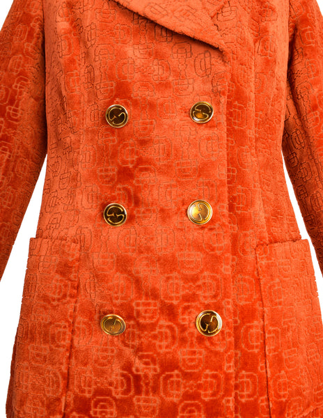 Gucci Vintage 1970s Orange Horsebit Velvet Jacquard Double Breasted Blazer Jacket