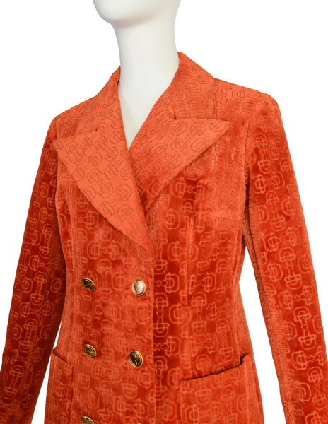 Gucci Vintage 1970s Orange Horsebit Velvet Jacquard Double Breasted Blazer Jacket