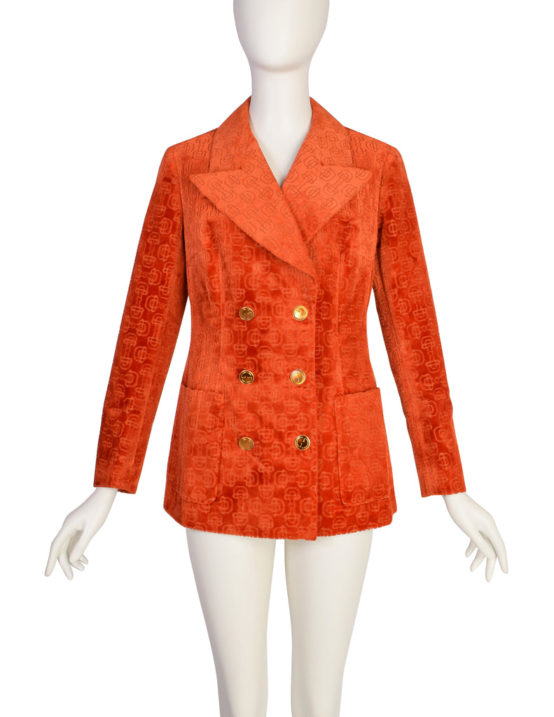 Gucci Vintage 1970s Orange Horsebit Velvet Jacquard Double