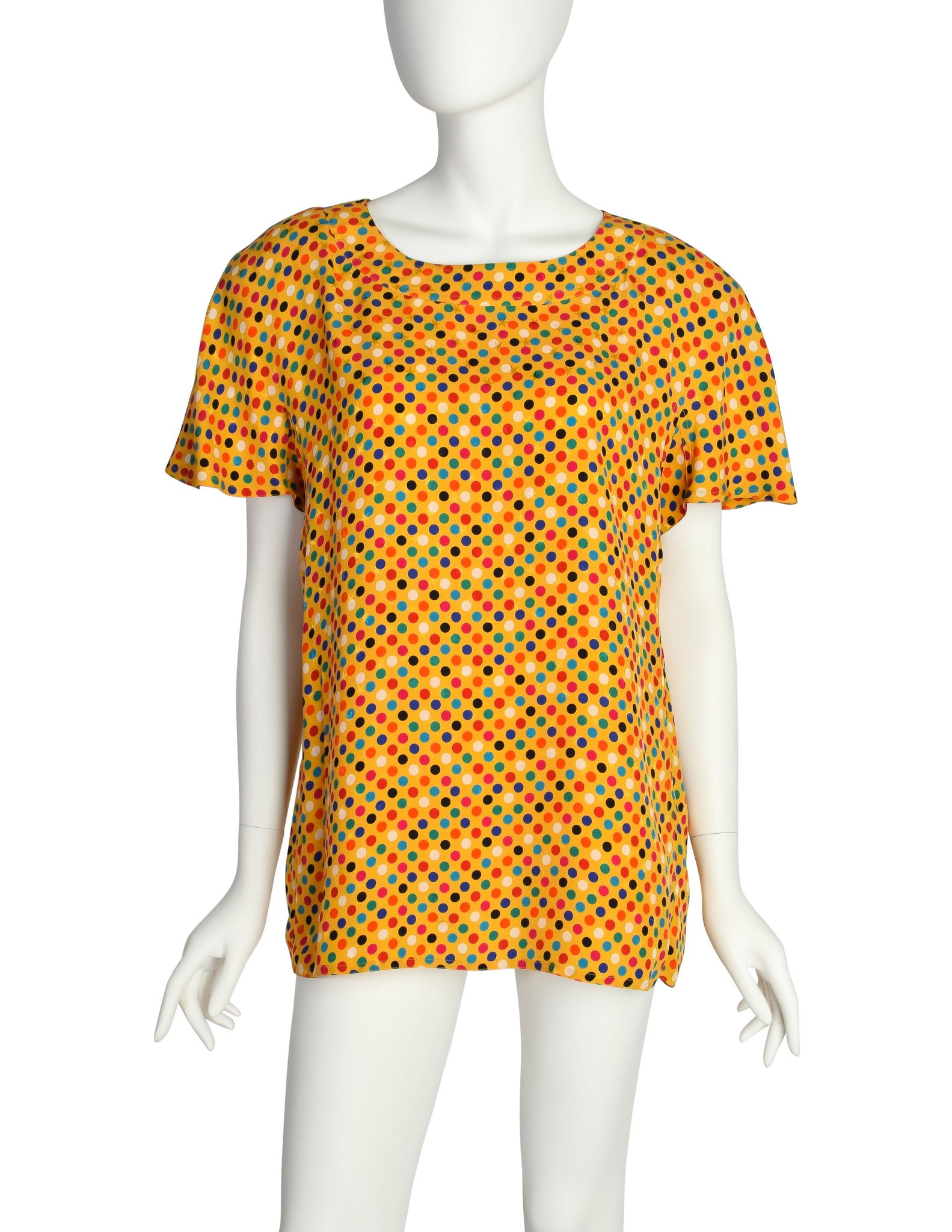 Gucci Vintage 1980s Yellow Multicolor Polka Dot Star Jacquard Silk Blouse