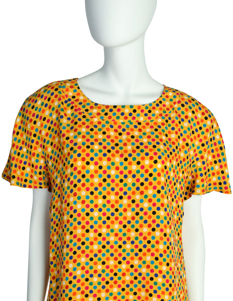 Gucci Vintage 1980s Yellow Multicolor Polka Dot Star Jacquard Silk Blouse