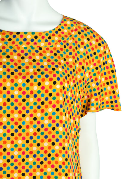 Gucci Vintage 1980s Yellow Multicolor Polka Dot Star Jacquard Silk Blouse