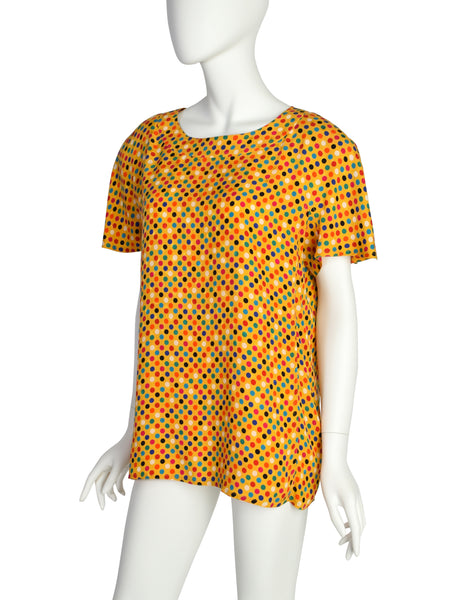 Gucci Vintage 1980s Yellow Multicolor Polka Dot Star Jacquard Silk Blouse