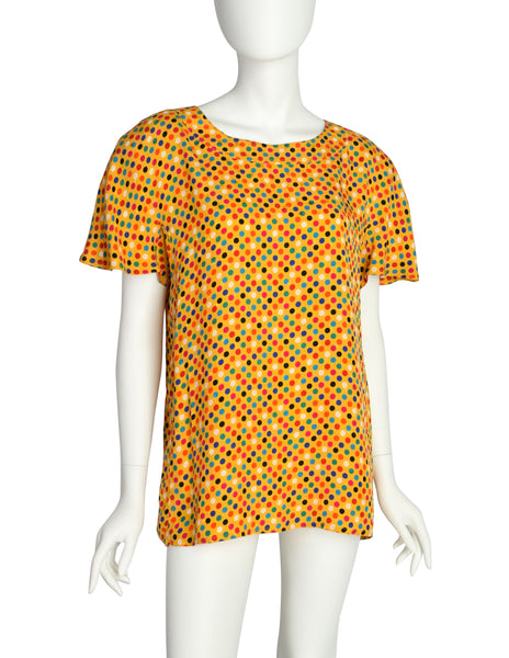 Gucci Vintage 1980s Yellow Multicolor Polka Dot Star Jacquard Silk Blouse