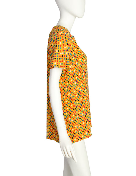 Gucci Vintage 1980s Yellow Multicolor Polka Dot Star Jacquard Silk Blouse