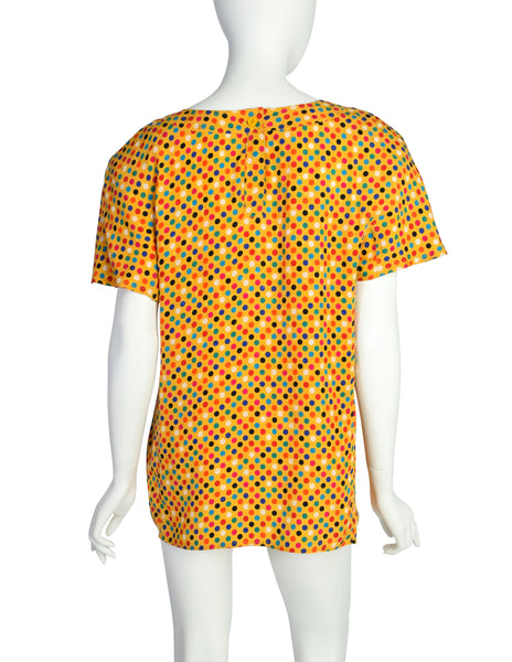 Gucci Vintage 1980s Yellow Multicolor Polka Dot Star Jacquard Silk Blouse