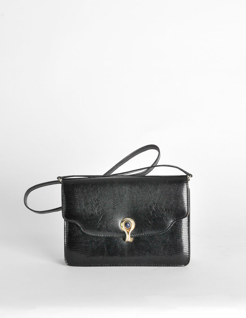 80's Vintage Gucci black leather clutch shoulder bag with logo