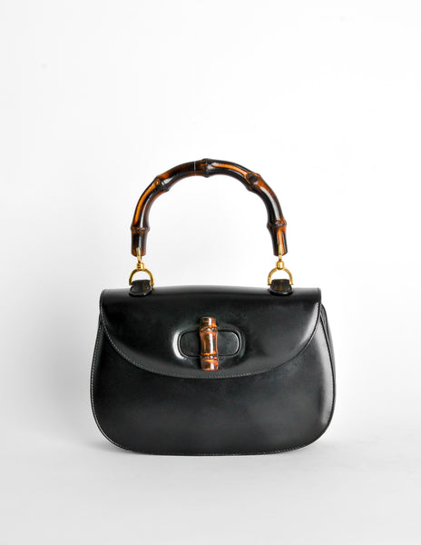 Gucci Vintage 1960s Black Leather Bamboo Handle Handbag - Amarcord Vintage Fashion
 - 2