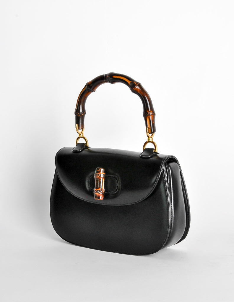 Gucci Vintage 1960s Black Leather Bamboo Handle Handbag Amarcord