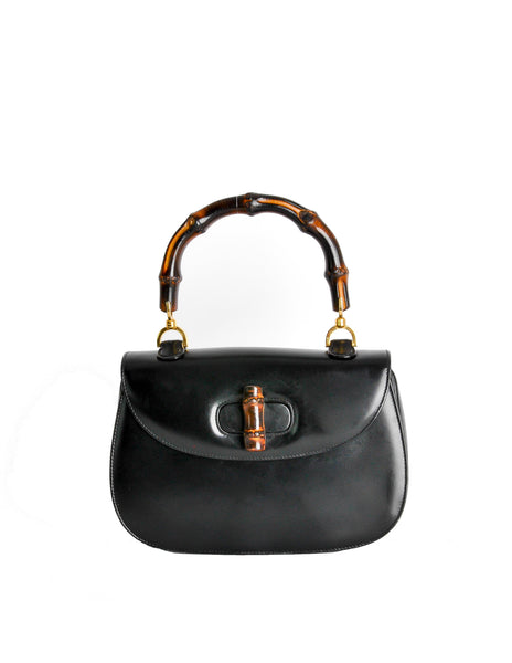 Gucci Vintage 1960s Black Leather Bamboo Handle Handbag - Amarcord Vintage Fashion
 - 1