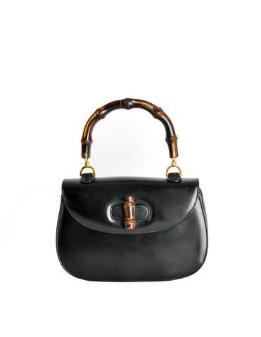 Gucci Vintage 1960s Black Leather Bamboo Handle Handbag