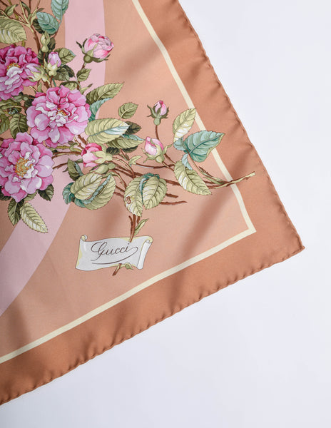 Gucci Vintage Brown Flora Floral Silk Scarf