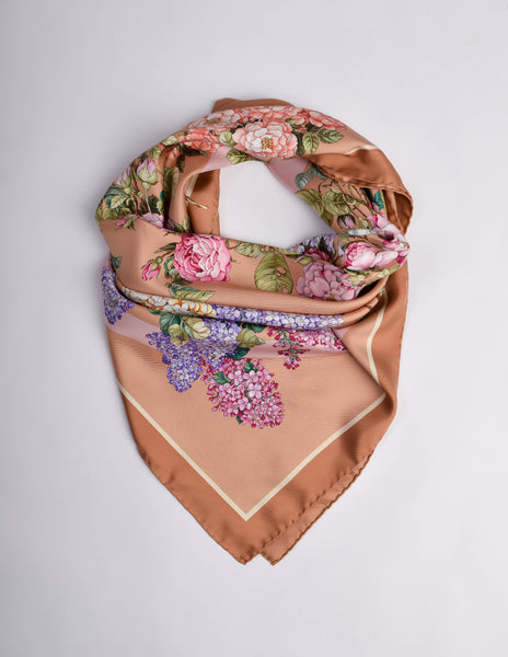 Gucci Vintage Brown Flora Floral Silk Scarf