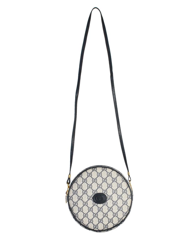 Gucci Vintage Round Navy Blue Monogram Leather Bag Amarcord Vintage Fashion