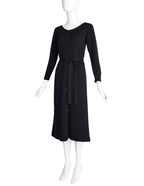 Halston Vintage 1970s Black Cashmere Button Up Sweater Dress