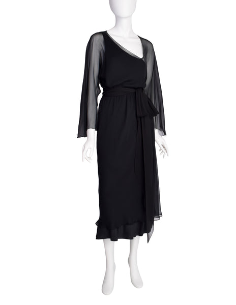 Halston Vintage 1970s Black Silk Chiffon Dress