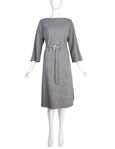 Halston Vintage 1970s Grey Melange Wool Belted Sack Dress