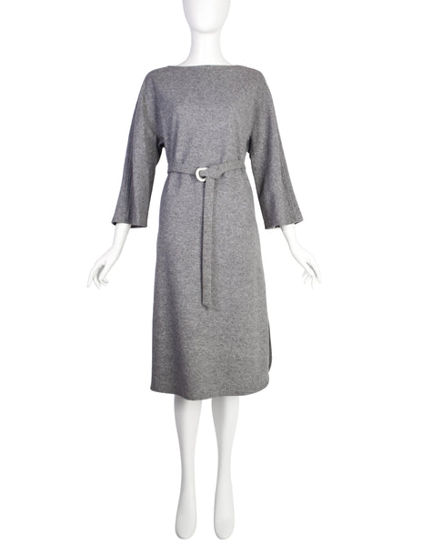 Halston Vintage 1970s Grey Melange Wool Belted Sack Dress
