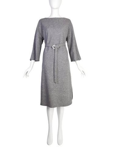 Halston Vintage 1970s Grey Melange Wool Belted Sack Dress