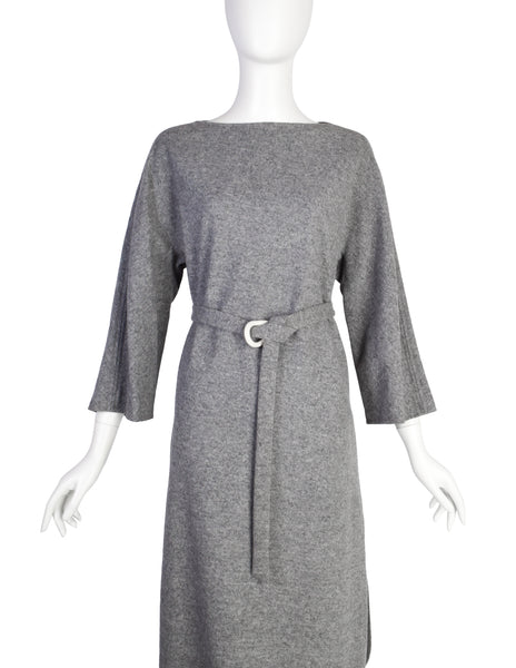 Halston Vintage 1970s Grey Melange Wool Belted Sack Dress