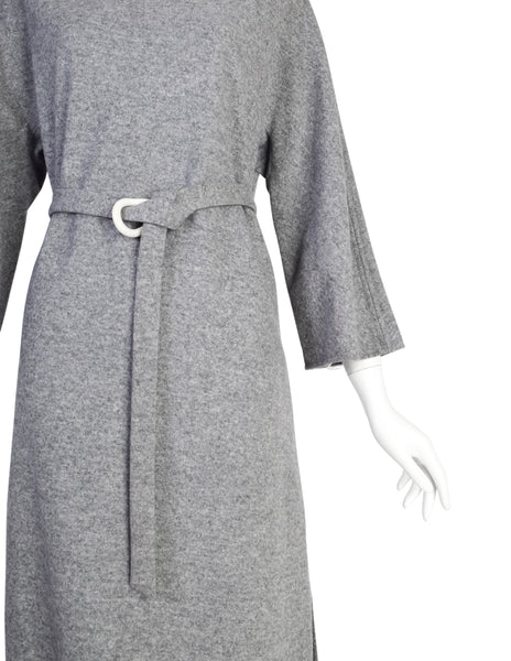 Halston Vintage 1970s Grey Melange Wool Belted Sack Dress