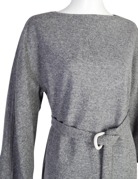 Halston Vintage 1970s Grey Melange Wool Belted Sack Dress