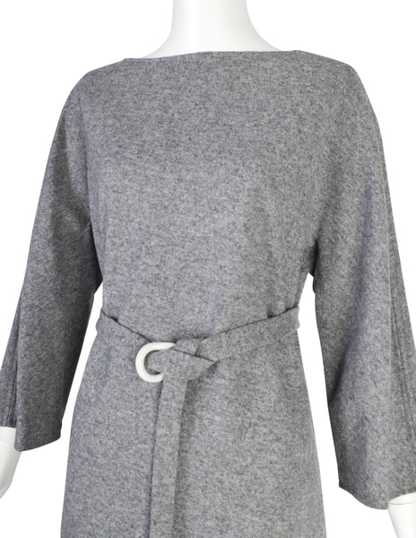 Halston Vintage 1970s Grey Melange Wool Belted Sack Dress