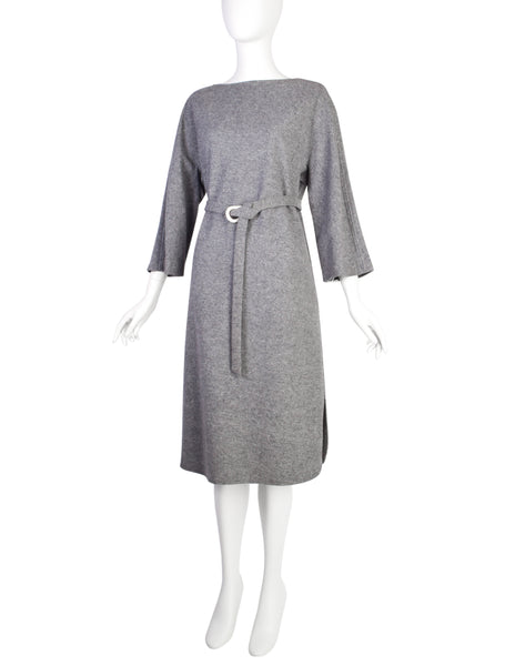 Halston Vintage 1970s Grey Melange Wool Belted Sack Dress