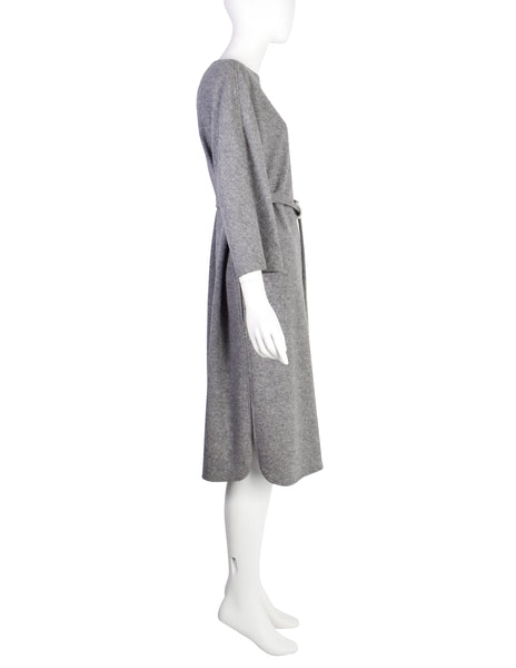 Halston Vintage 1970s Grey Melange Wool Belted Sack Dress