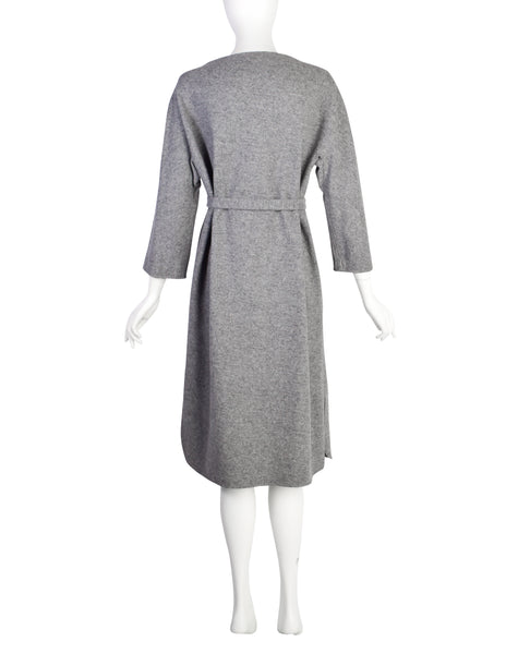 Halston Vintage 1970s Grey Melange Wool Belted Sack Dress
