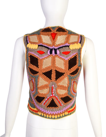 Halston Vintage 1970s Multicolor Crochet and Suede Butterfly Vest Top