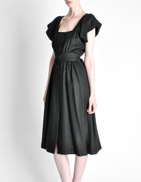 Halston Vintage Black Linen Button Up Dress