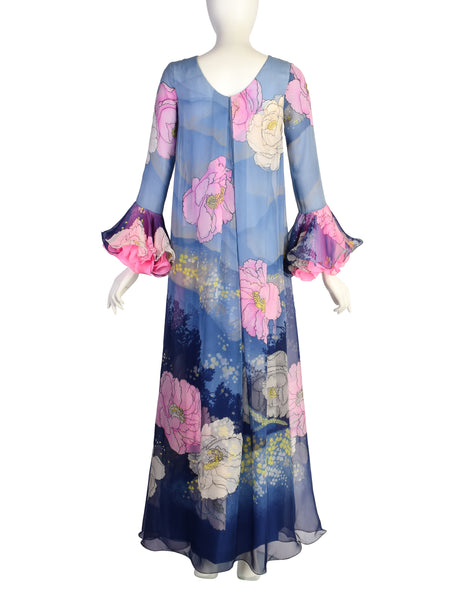 Hanae Mori Vintage 1972 Exceptional Vivid Layered Floral Silk Ruffle Sleeve Gown