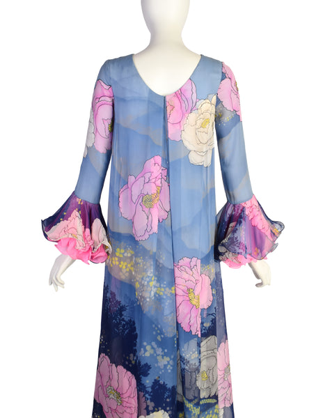 Hanae Mori Vintage 1972 Exceptional Vivid Layered Floral Silk Ruffle Sleeve Gown