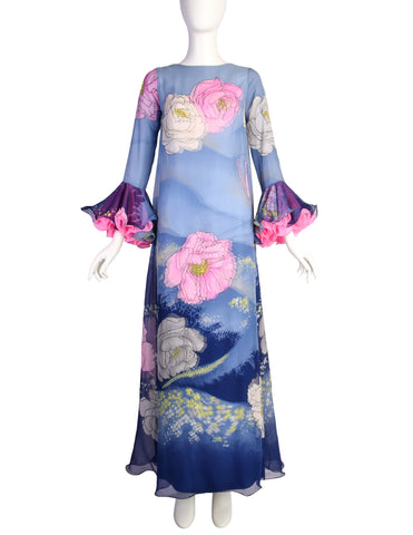 Hanae Mori Vintage 1972 Exceptional Vivid Layered Floral Silk Ruffle Sleeve Gown