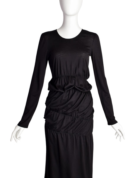 Helmut Lang Vintage Black Cotton Jersey Long Sleeve Ruched Scrunch Dress