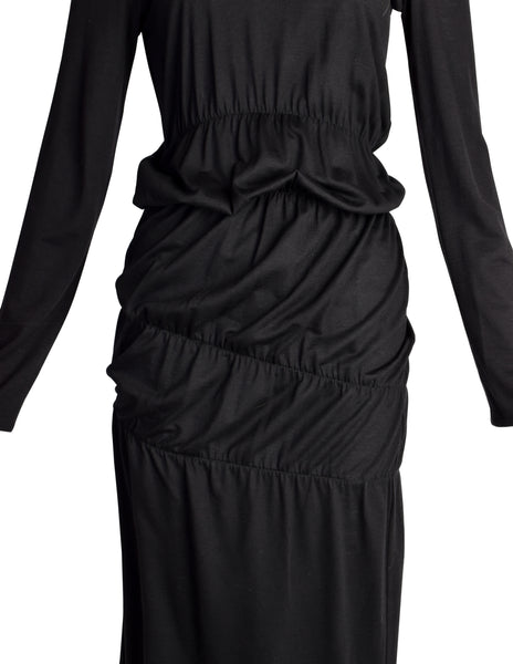 Helmut Lang Vintage Black Cotton Jersey Long Sleeve Ruched Scrunch Dress