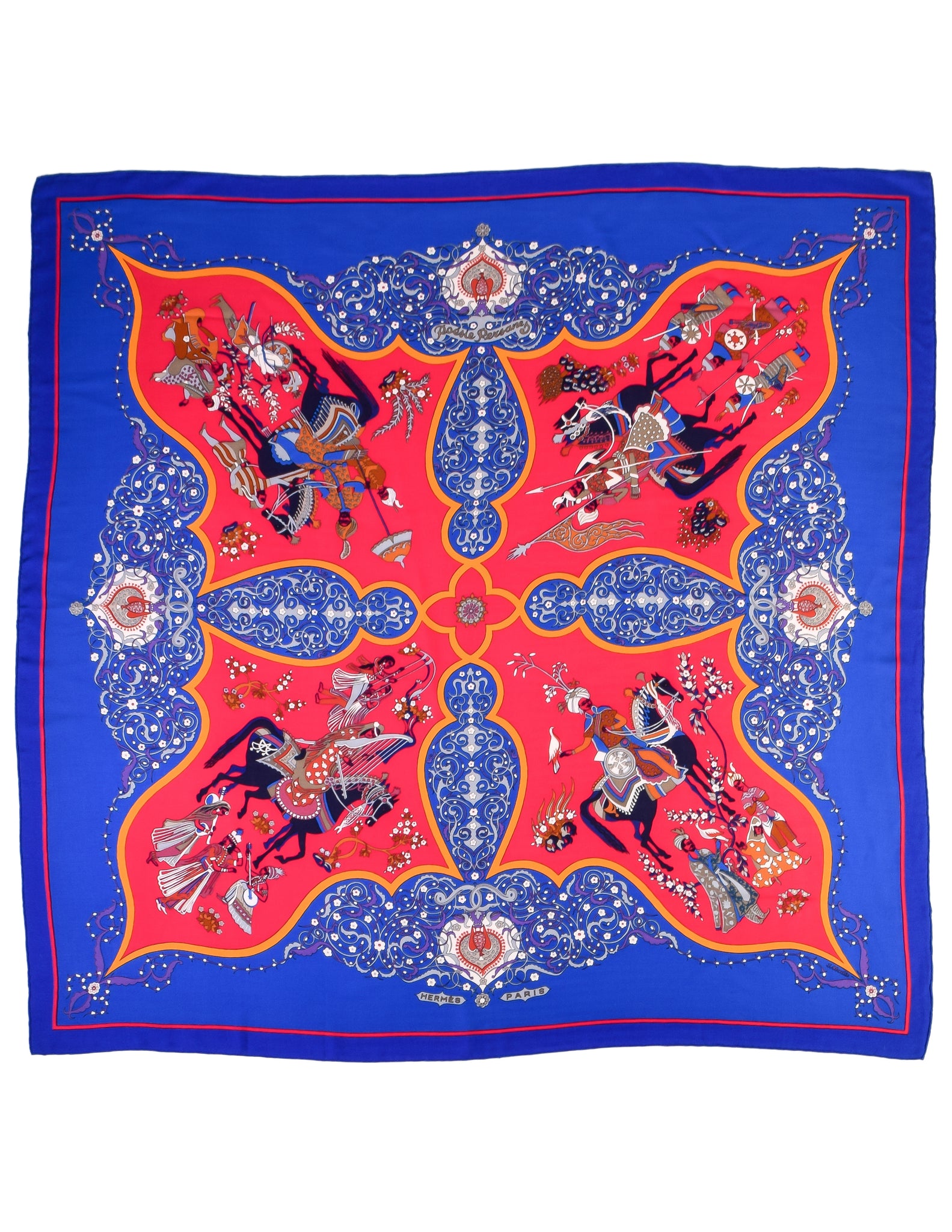Hermes Vintage Poesie Persane Blue Red Massive Cashmere Silk Scarf Shawl