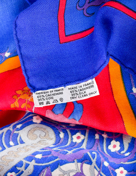 Hermes Vintage Poesie Persane Blue Red Massive Cashmere Silk Scarf Shawl