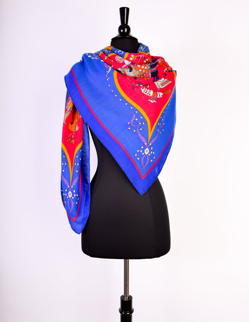 Hermes Vintage Poesie Persane Blue Red Massive Cashmere Silk Scarf