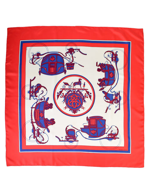 Hermes Vintage Ex Libris Red White Blue Carriage Silk Carre Scarf