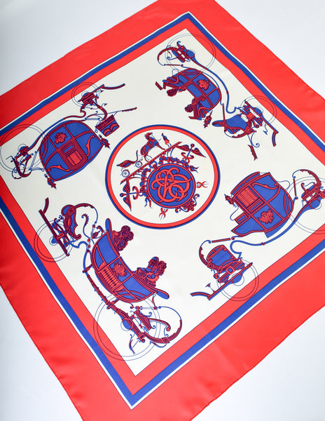 Hermes Vintage Ex Libris Red White Blue Carriage Silk Carre Scarf