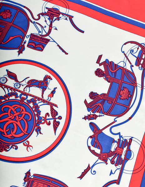 Hermes Vintage Ex Libris Red White Blue Carriage Silk Carre Scarf
