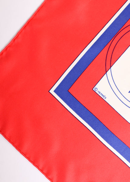 Hermes Vintage Ex Libris Red White Blue Carriage Silk Carre Scarf