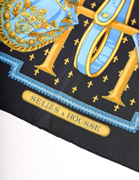 Hermes Vintage Selles A Housse Blue Yellow Equestrian Theme Silk Carre Scarf